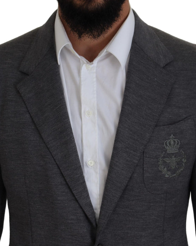 Dolce & Gabbana Eleganter grauer Wollblazer mit Bienen-Kronen-Stickerei