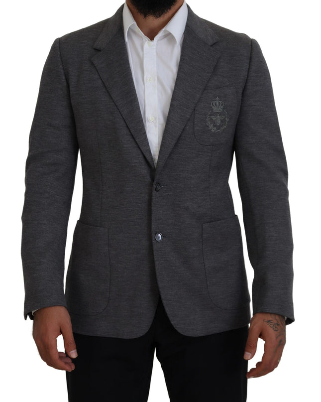 Dolce & Gabbana Eleganter grauer Wollblazer mit Bienen-Kronen-Stickerei